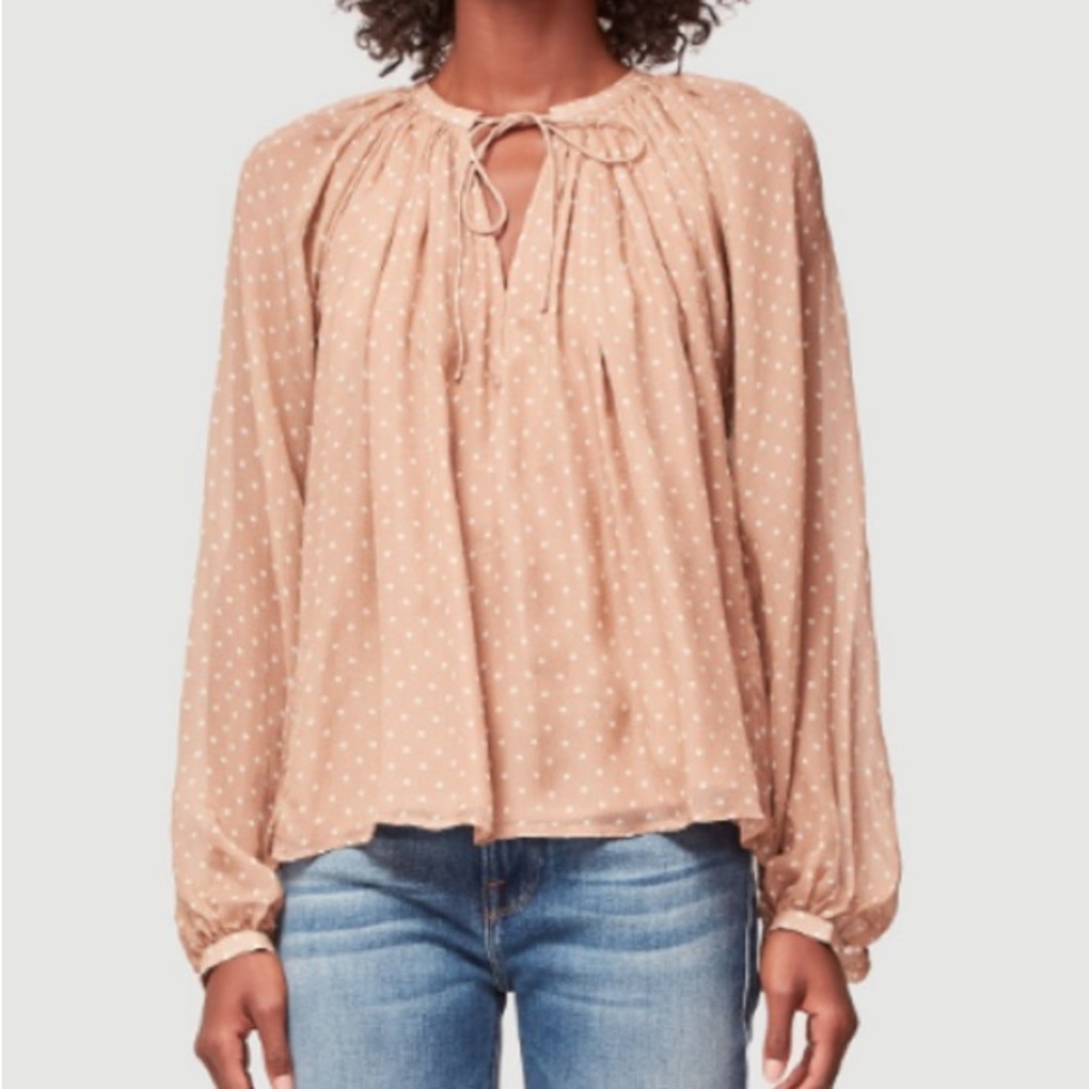 Frame Denim Blush Tan Polka Dot Peasant Long Sleeve Blouse